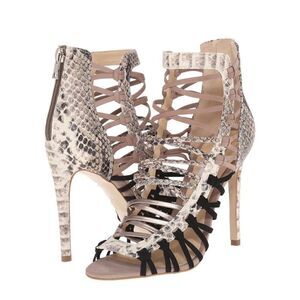 STEVE MADDEN Sleik-Natmul Snakeskin Print Strappy Cage Heels with Zip Back